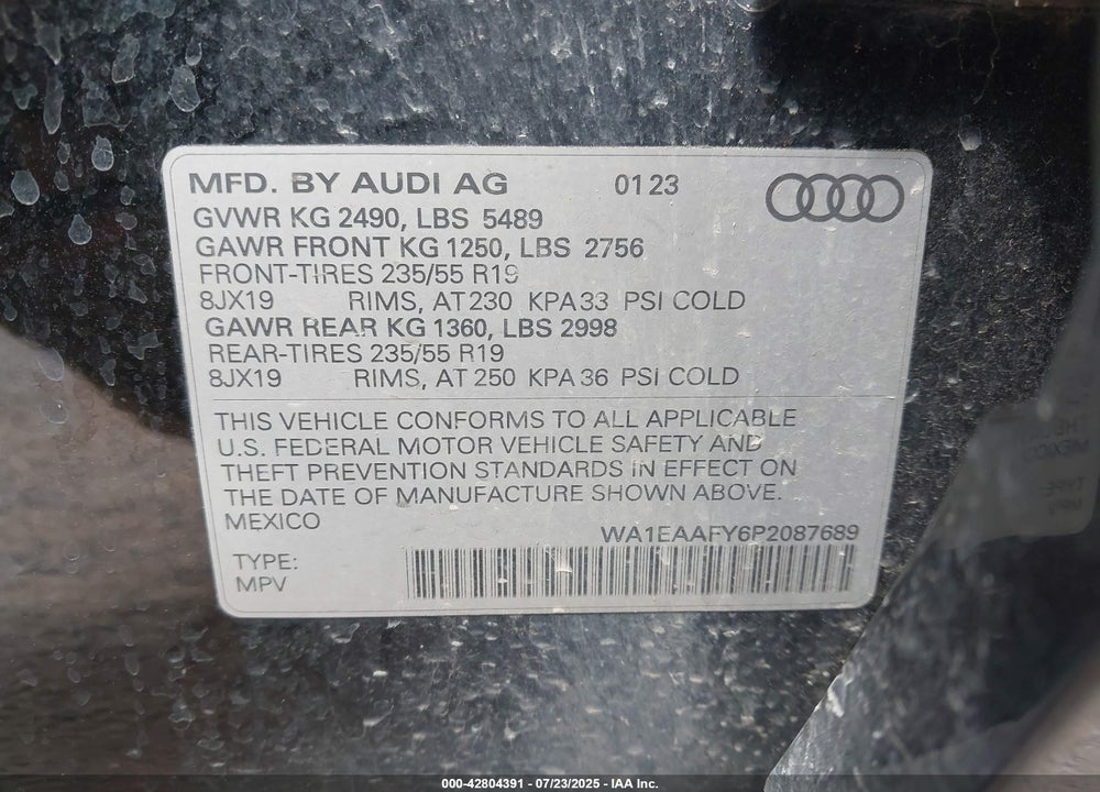 2023 AUDI Q5 VIN: WA1EAAFY6P2087689