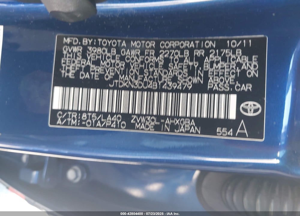 2011 TOYOTA PRIUS FOUR VIN: JTDKN3DU4B1439479