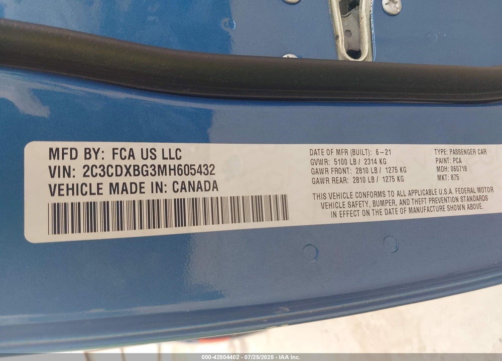 2021 DODGE CHARGER SXT RWD VIN: 2C3CDXBG3MH605432