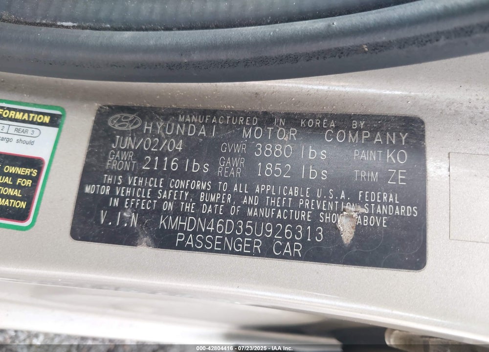 2005 HYUNDAI ELANTRA GLS/GT VIN: KMHDN46D35U926313
