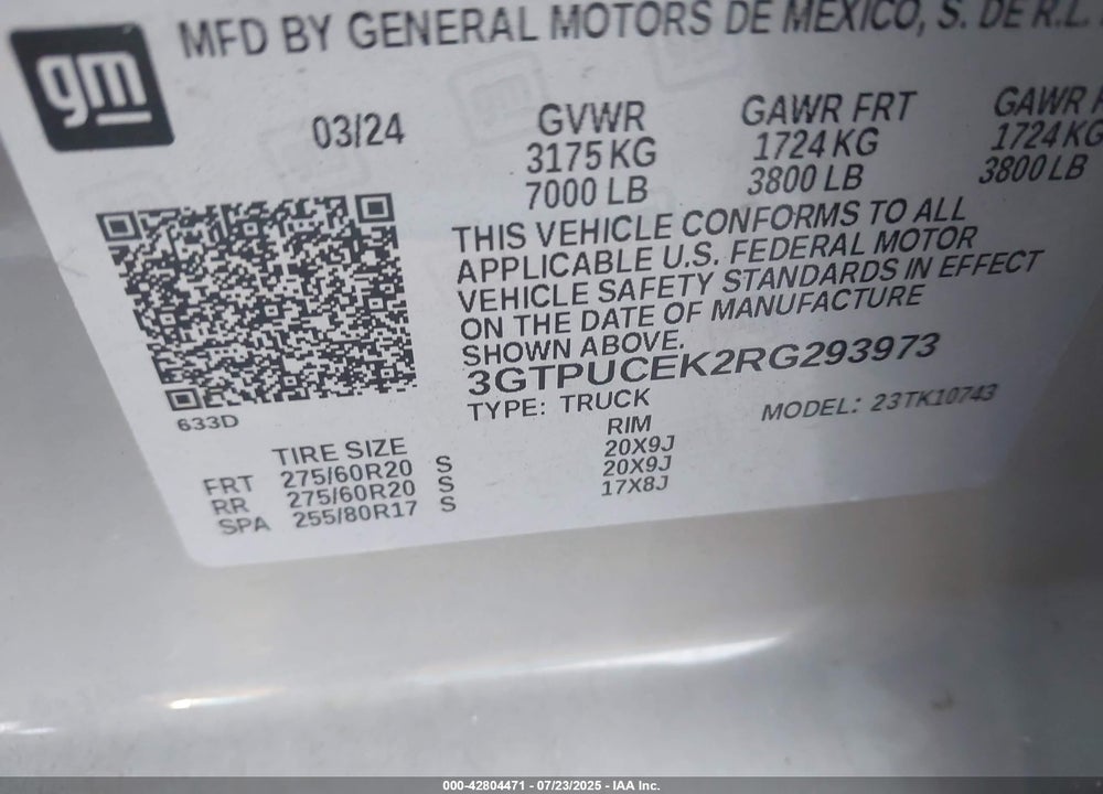 2024 GMC SIERRA 1500 VIN: 3GTPUCEK2RG293973