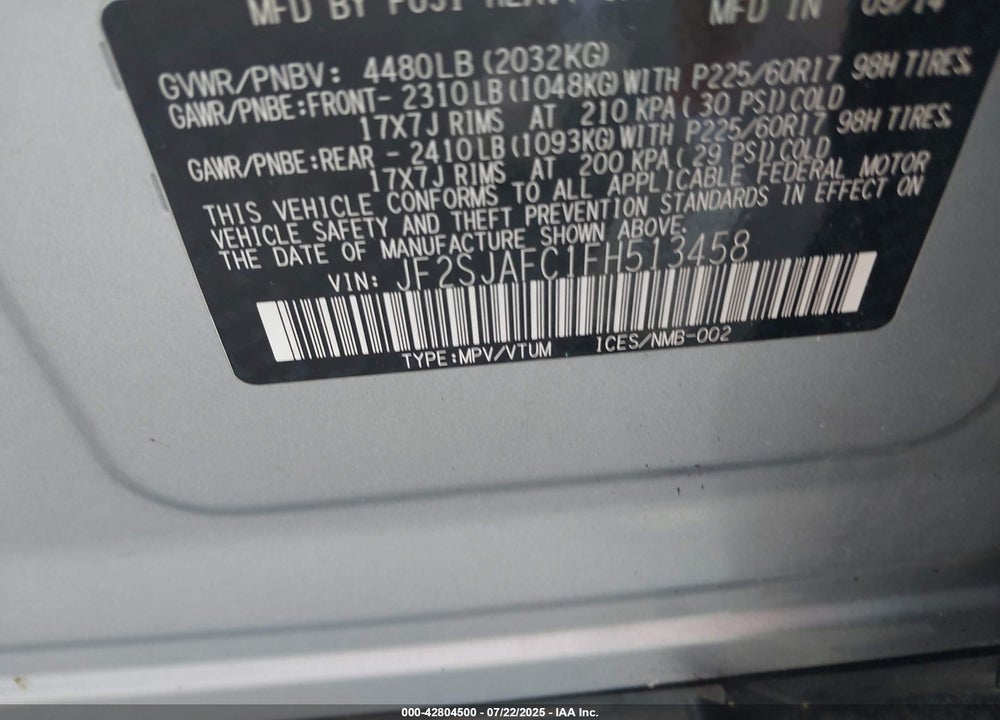 2015 SUBARU FORESTER VIN: JF2SJAFC1FH513458