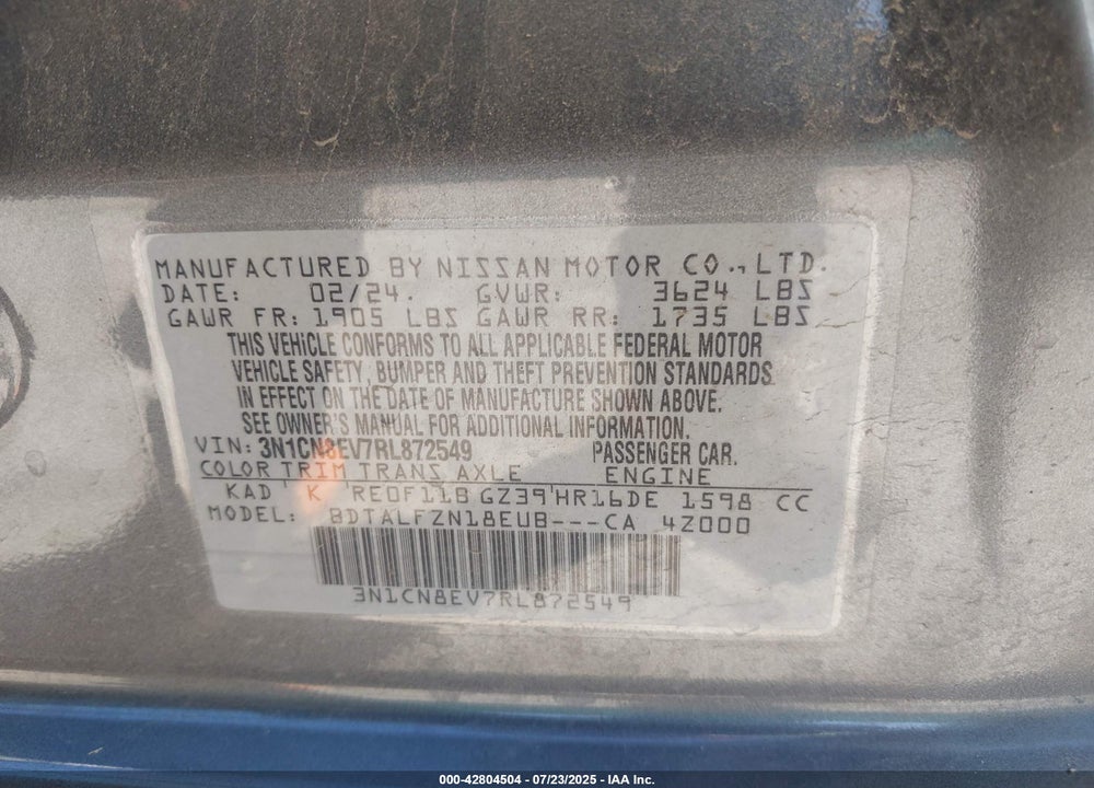2024 NISSAN VERSA VIN: 3N1CN8EV7RL872549