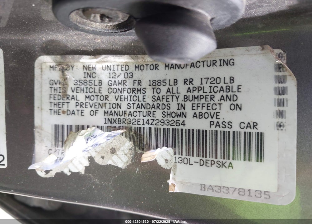 2004 TOYOTA COROLLA S VIN: 1NXBR32E14Z293264