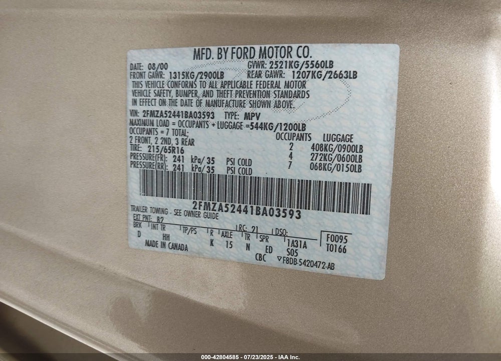 2001 FORD WINDSTAR SE VIN: 2FMZA52441BA03593