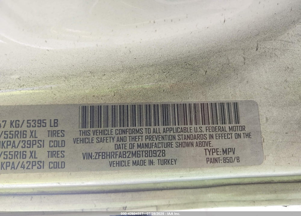 2021 RAM PROMASTER CITY TRADESMAN VIN: ZFBHRFAB2M6T80928