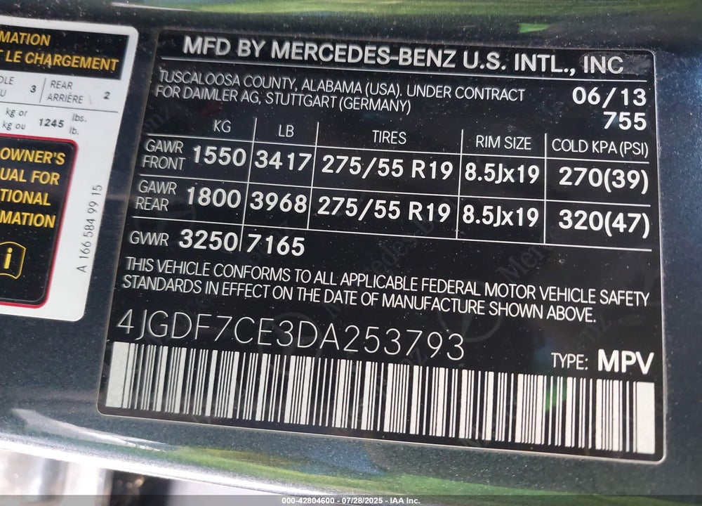 2013 MERCEDES-BENZ GL 450 VIN: 4JGDF7CE3DA253793