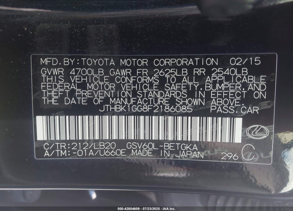 2015 LEXUS ES 350 VIN: JTHBK1GG8F2186085