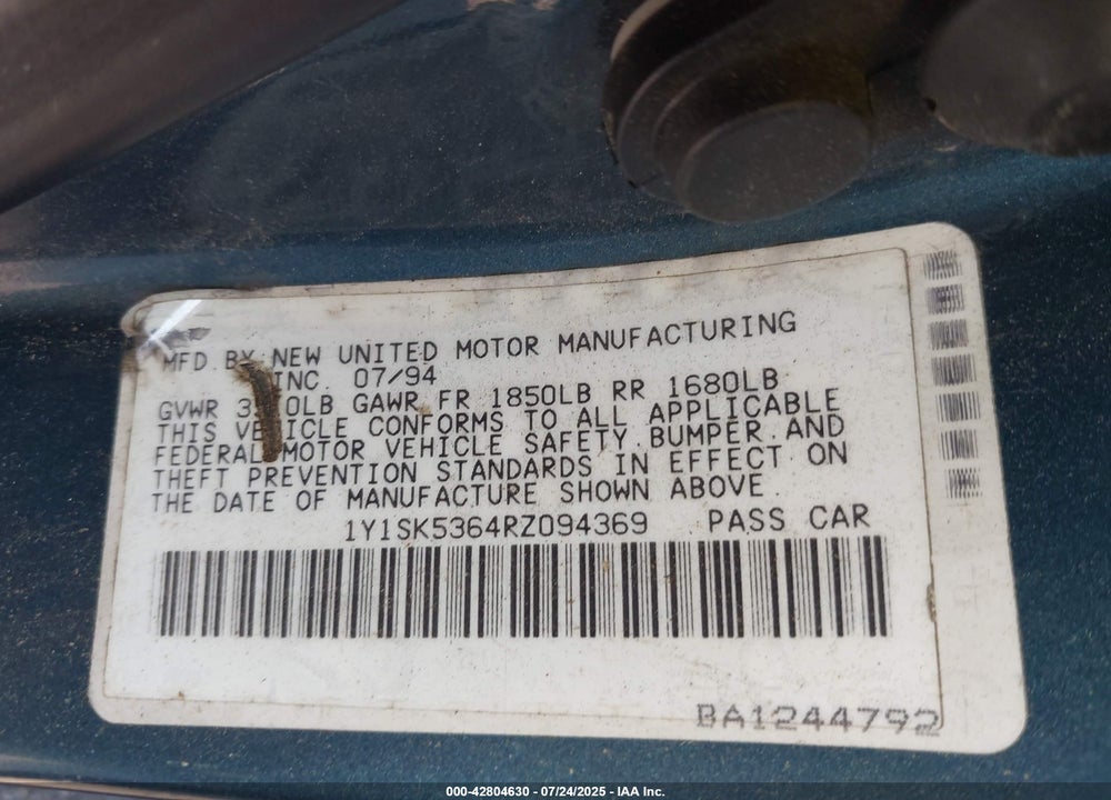 1994 GEO PRIZM LSI VIN: 1Y1SK5364RZ094369