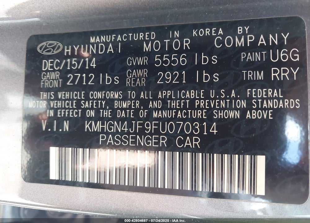 2015 HYUNDAI GENESIS VIN: KMHGN4JF9FU070314