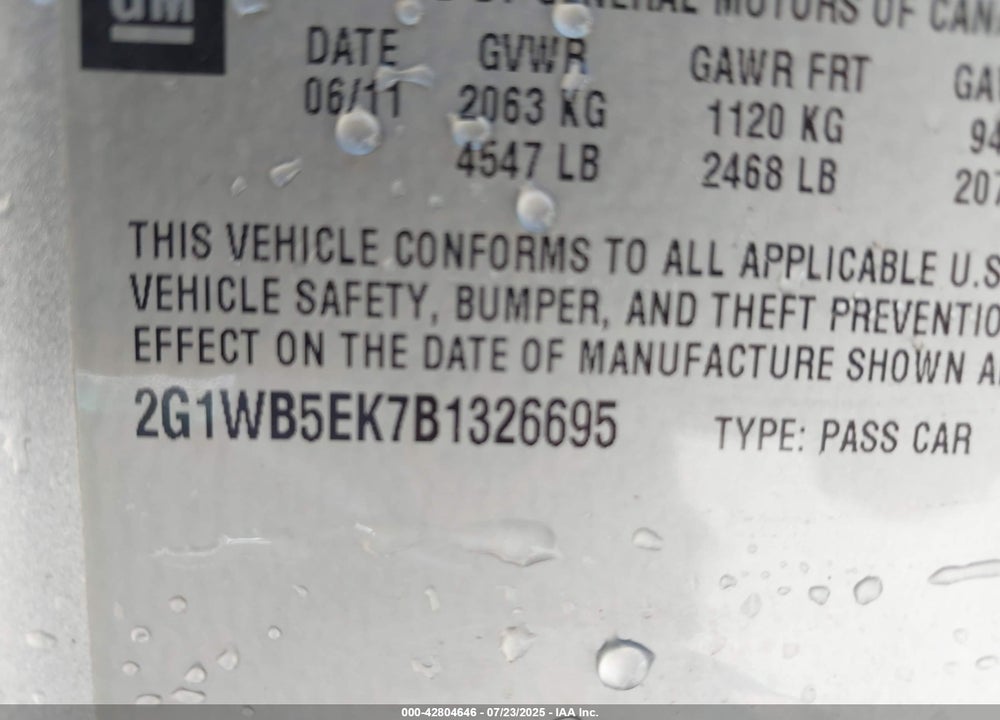 2011 CHEVROLET IMPALA VIN: 2G1WB5EK7B1326695