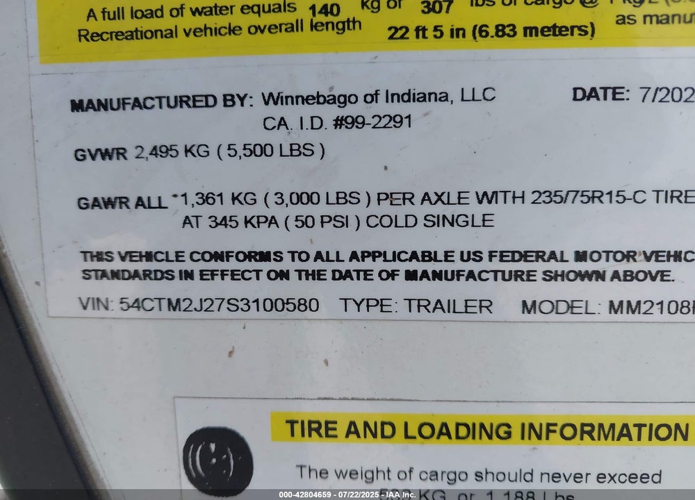 2025 WINNEBAGO OTHER VIN: 54CTM2J27S3100580