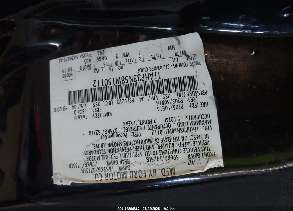 2008 FORD FOCUS SE/SES VIN: 1FAHP33N58W150112