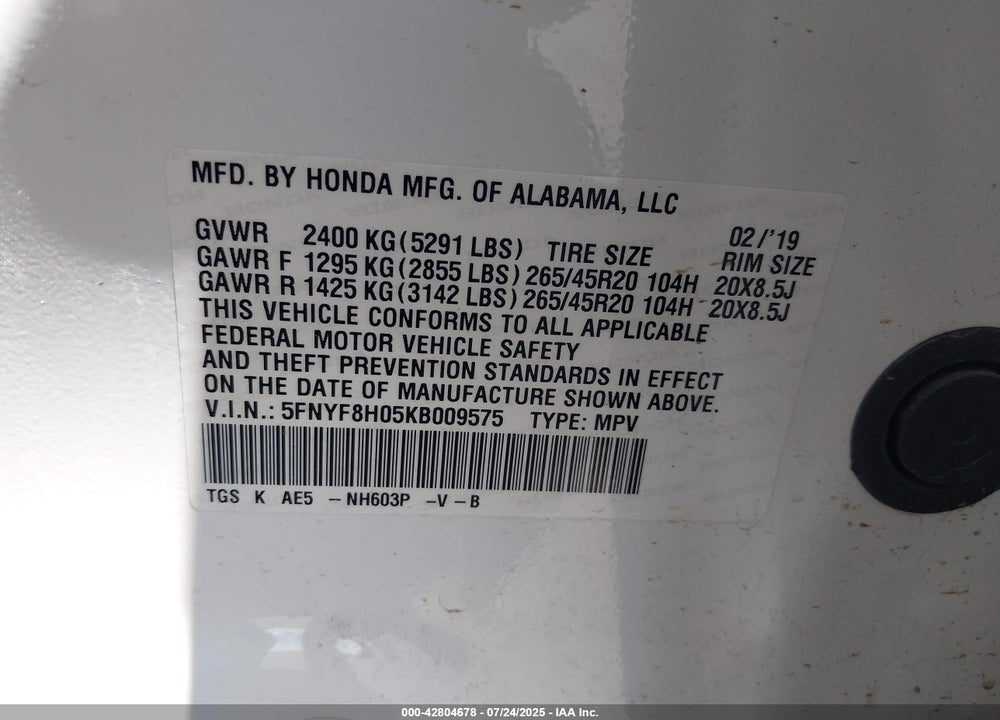 2019 HONDA PASSPORT VIN: 5FNYF8H05KB009575