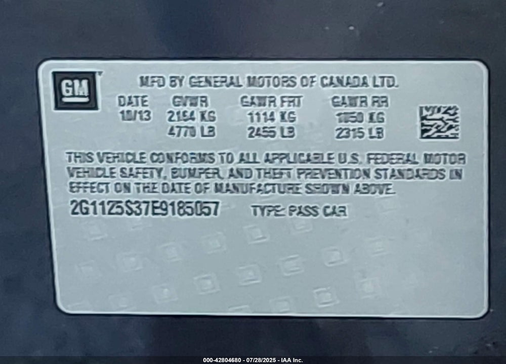 2014 CHEVROLET IMPALA VIN: 2G1125S37E9185057