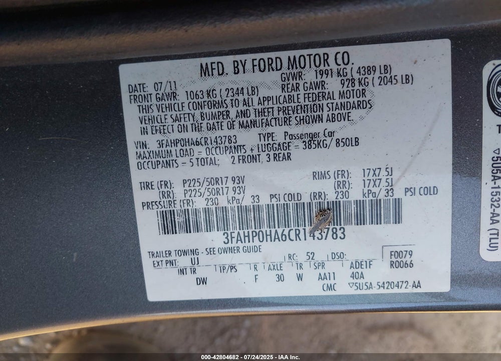 2012 FORD FUSION VIN: 3FAHP0HA6CR143783