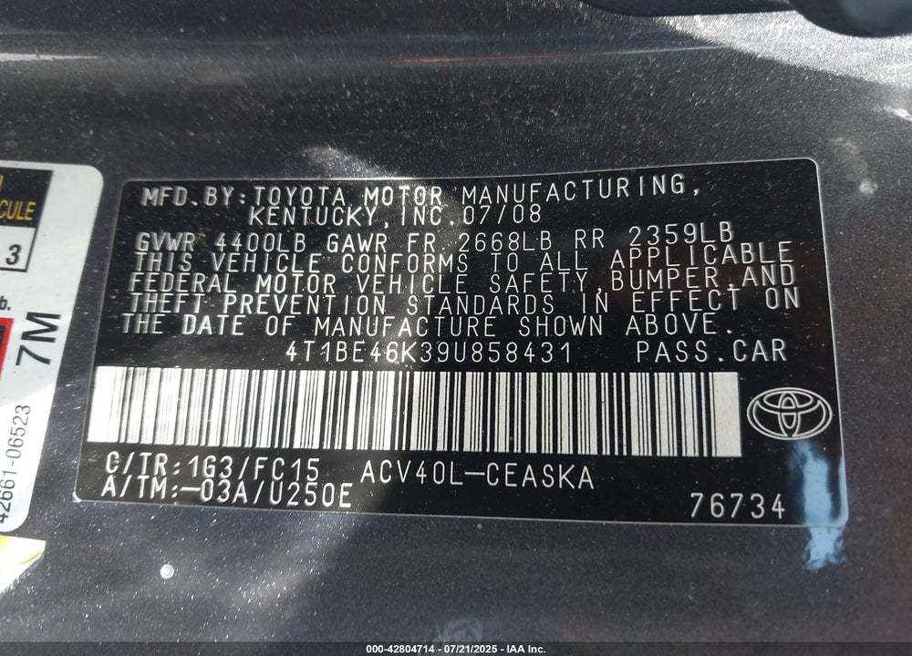 2009 TOYOTA CAMRY VIN: 4T1BE46K39U858431