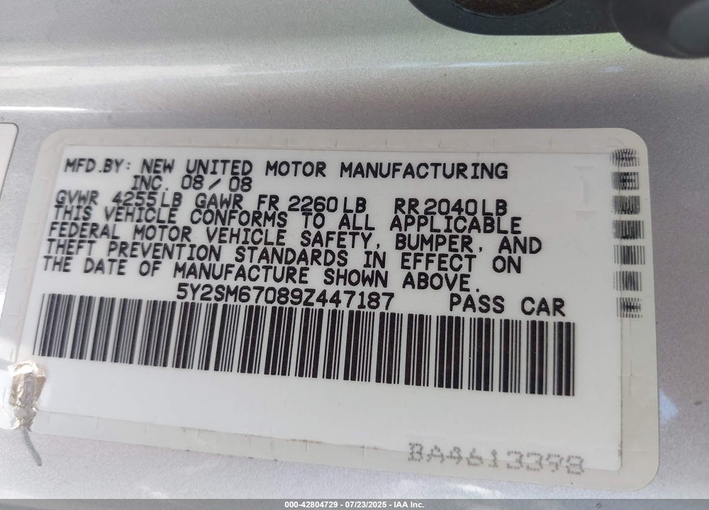 2009 PONTIAC VIBE VIN: 5Y2SM67089Z447187