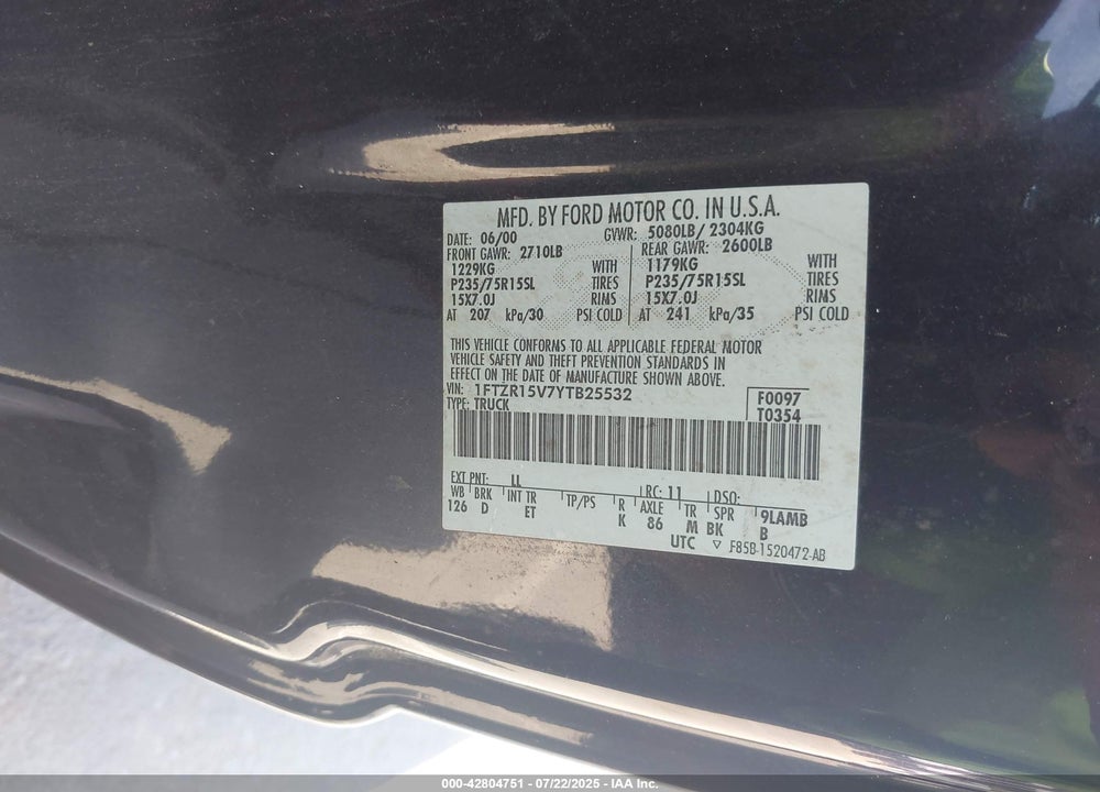 2000 FORD RANGER XL/XLT VIN: 1FTZR15V7YTB25532