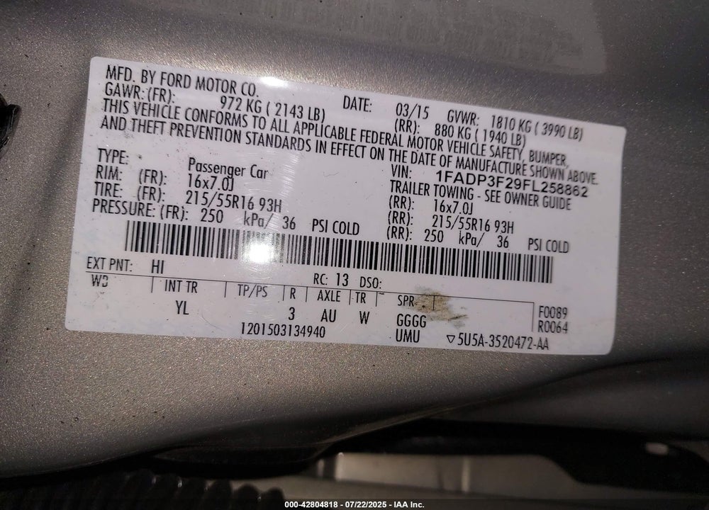 2015 FORD FOCUS VIN: 1FADP3F29FL258862