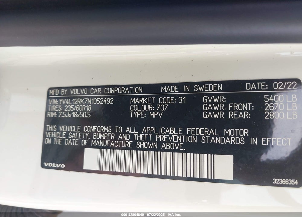 2022 VOLVO XC60 VIN: YV4L12RK7N1052492