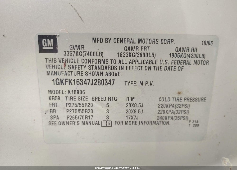 2007 GMC YUKON XL 1500 VIN: 1GKFK16347J280347