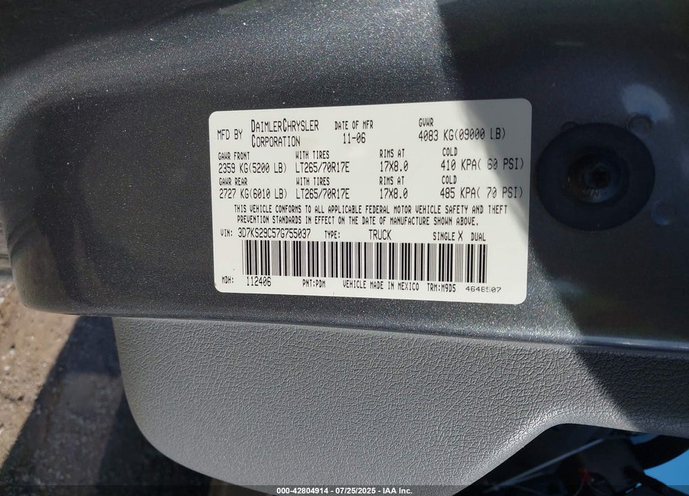 2007 DODGE RAM 2500 VIN: 3D7KS29C57G755037
