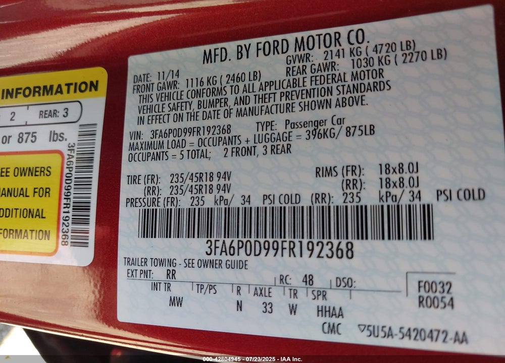 2015 FORD FUSION VIN: 3FA6P0D99FR192368