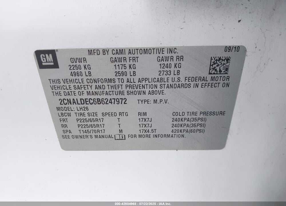 2011 CHEVROLET EQUINOX VIN: 2CNALDEC6B6247972