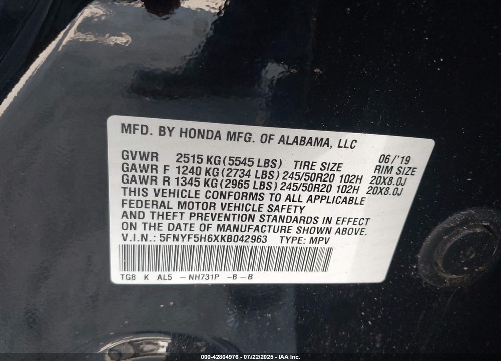 2019 HONDA PILOT VIN: 5FNYF5H6XKB042963