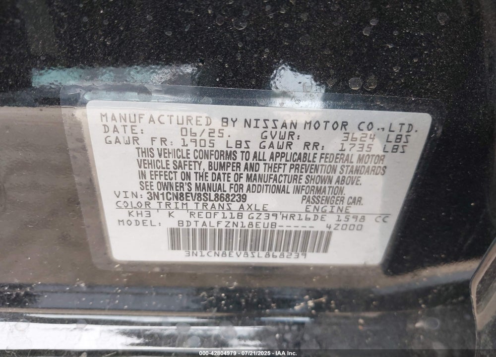 2025 NISSAN VERSA VIN: 3N1CN8EV8SL868239