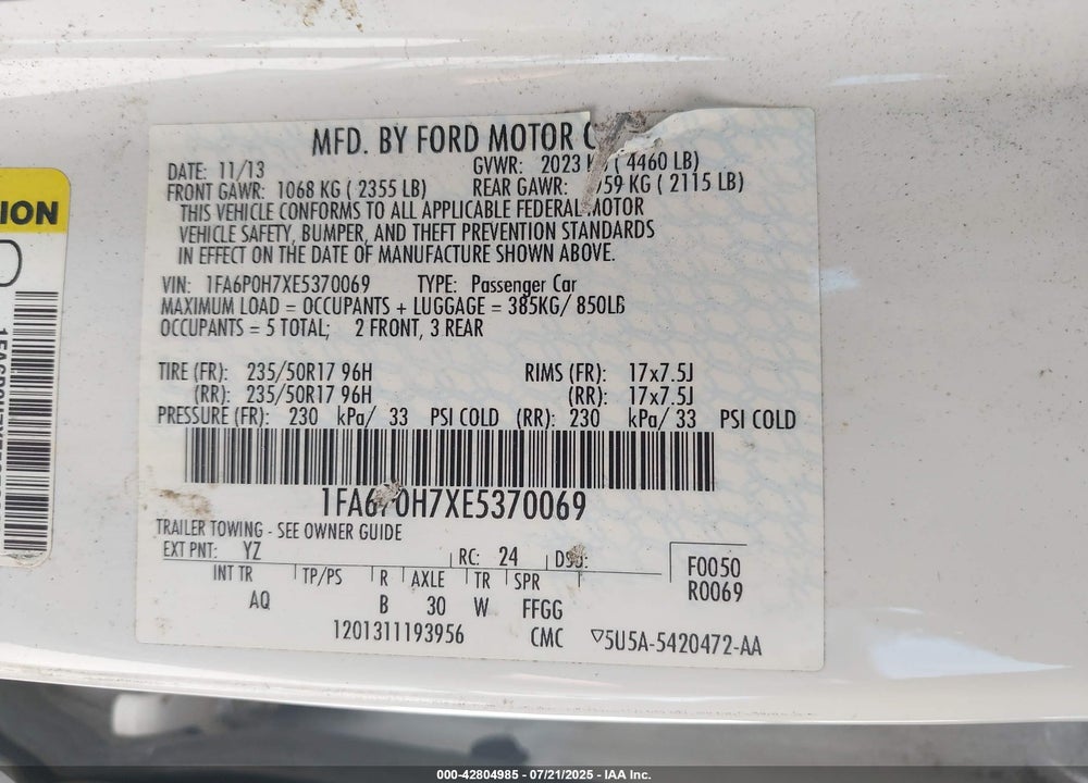 2014 FORD FUSION VIN: 1FA6P0H7XE5370069