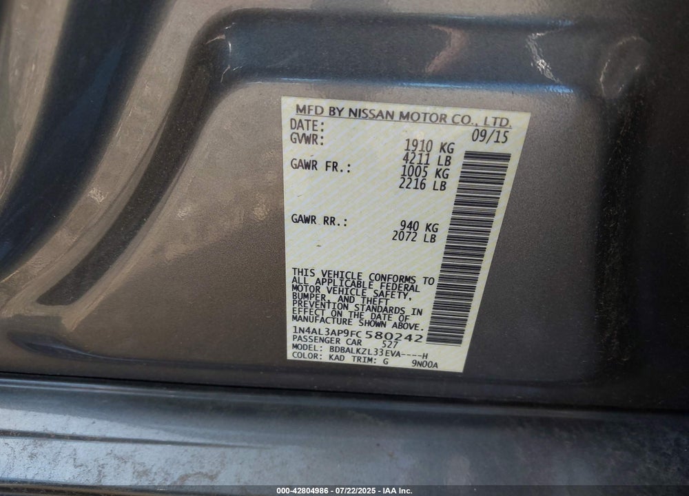 2015 NISSAN ALTIMA VIN: 1N4AL3AP9FC580242