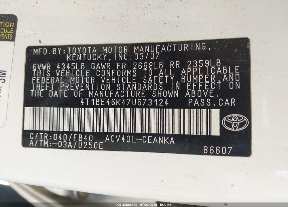 2007 TOYOTA CAMRY CE VIN: 4T1BE46K47U673124