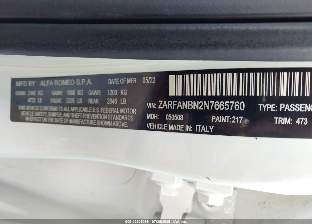2022 ALFA ROMEO GIULIA VIN: ZARFANBN2N7665760