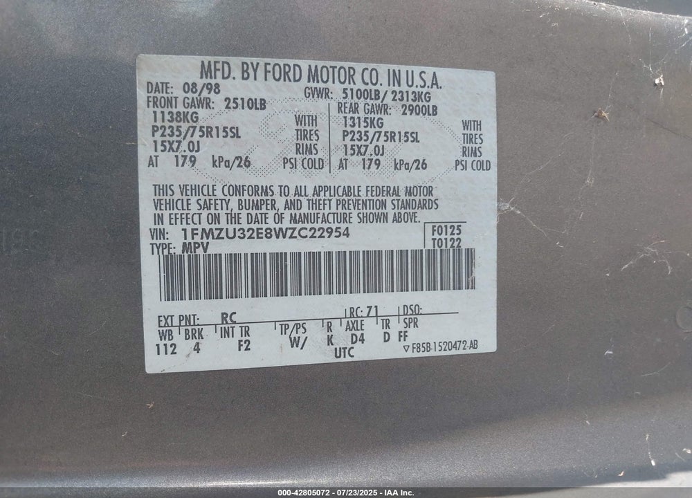 1998 FORD EXPLORER VIN: 1FMZU32E8WZC22954