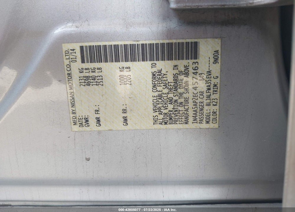 2014 NISSAN MAXIMA VIN: 1N4AA5AP2EC457463