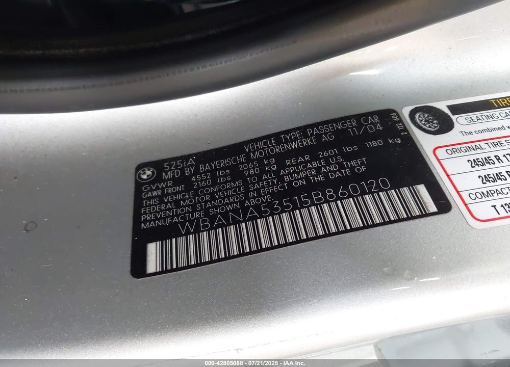 2005 BMW 525I VIN: WBANA53515B860120