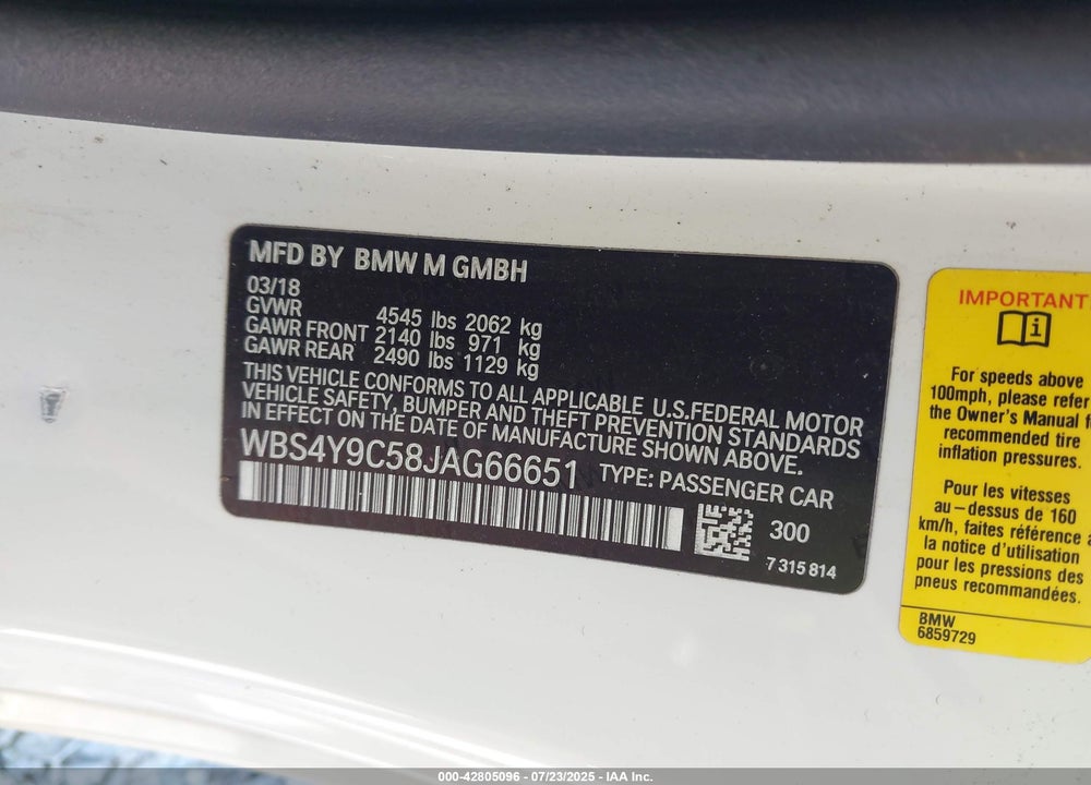 2018 BMW M4 VIN: WBS4Y9C58JAG66651