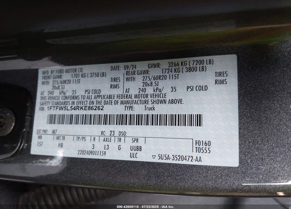 2024 FORD F-150 VIN: 1FTFW5L54RKE86262