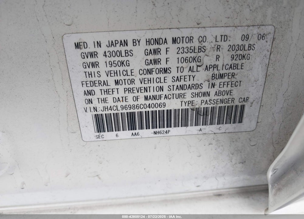2006 ACURA TSX VIN: JH4CL96986C040069