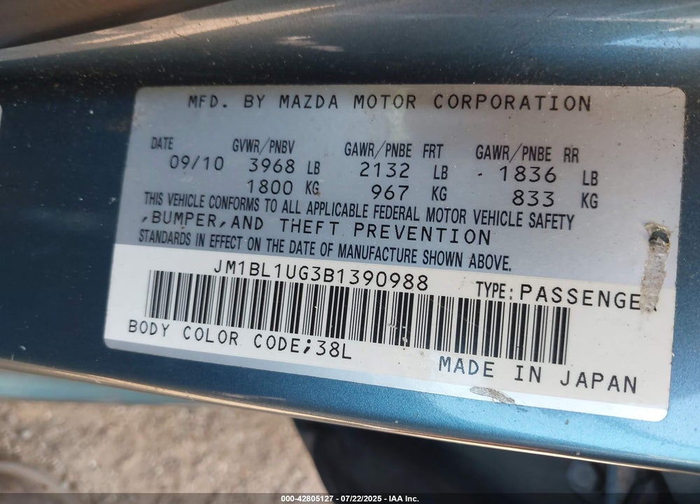 2011 MAZDA 3 VIN: JM1BL1UG3B1390988