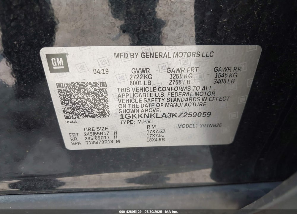 2019 GMC ACADIA SLE-1 VIN: 1GKKNKLA3KZ259059