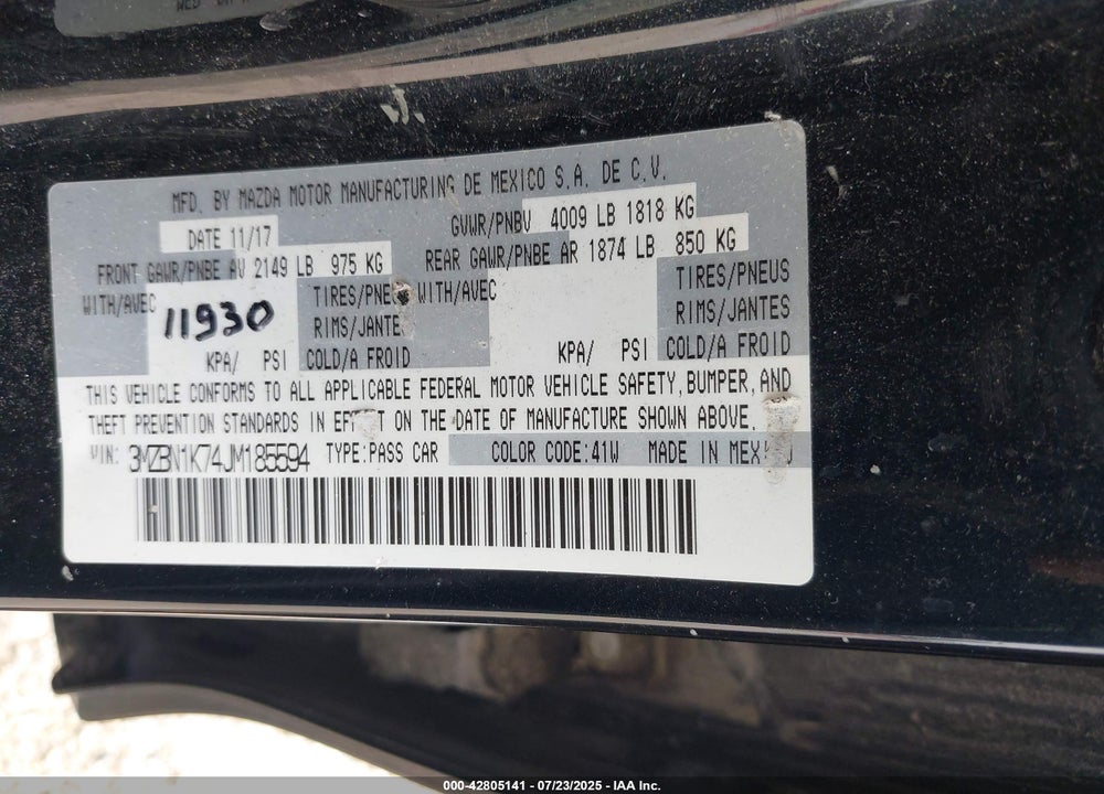 2018 MAZDA 3 VIN: 3MZBN1K74JM185594