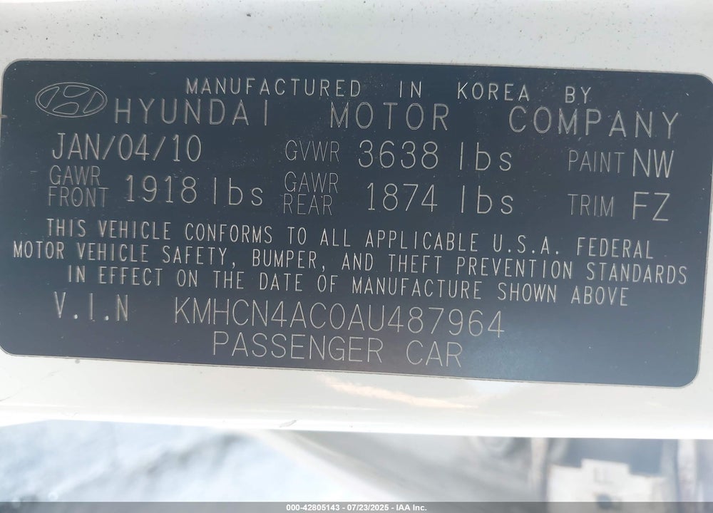 2010 HYUNDAI ACCENT VIN: KMHCN4AC0AU487964