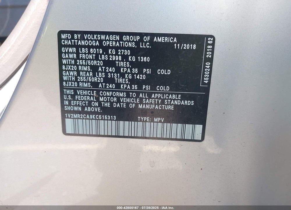 2019 VOLKSWAGEN ATLAS 3.6L V6 SEL VIN: 1V2MR2CA9KC515313