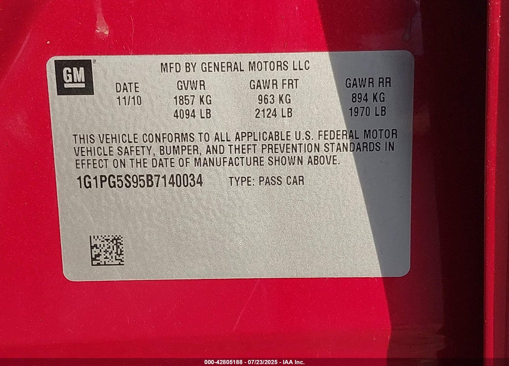 2011 CHEVROLET CRUZE 2LT VIN: 1G1PG5S95B7140034