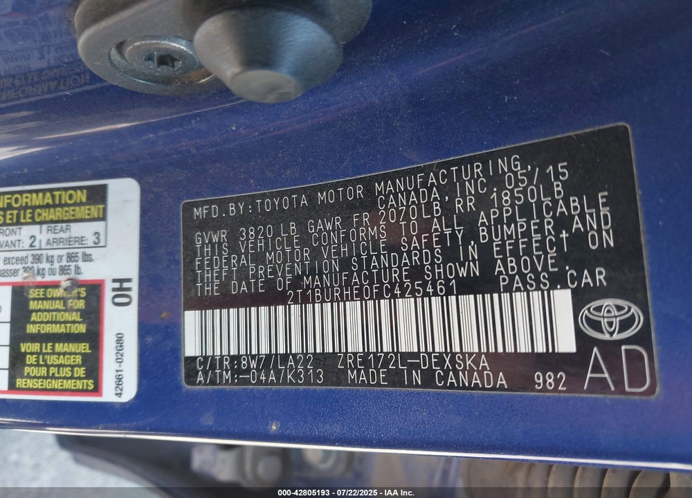 2015 TOYOTA COROLLA VIN: 2T1BURHE0FC425461