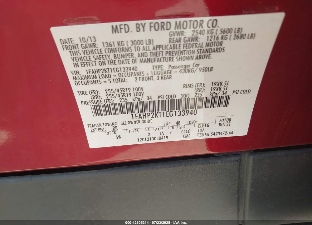 2014 FORD TAURUS VIN: 1FAHP2KT1EG133940