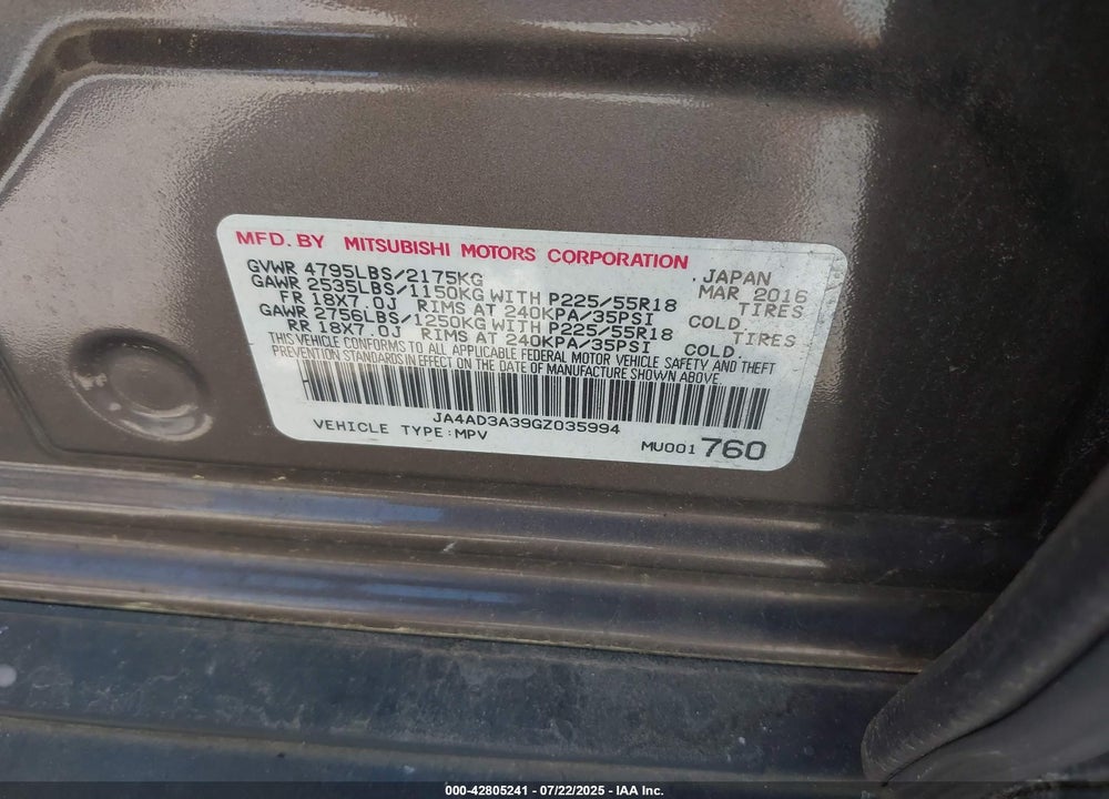 2016 MITSUBISHI OUTLANDER VIN: JA4AD3A39GZ035994